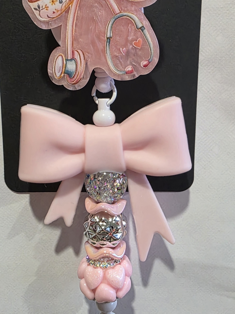 Pink Bow Beaded Badge Reel